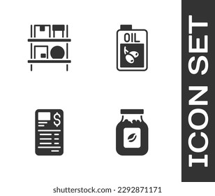 Set Coffee jar bottle, Warehouse interior with boxes, Paper financial check and Bottle olive oil icon. Vector