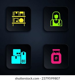 Set Coffee jar bottle, Warehouse interior with boxes, Cash register machine and Seller. Black square button. Vector
