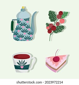set of coffee kettle branch cartoon