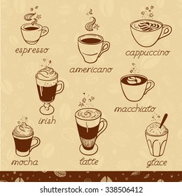 Set of Coffee kind menu drinking cup. Coffee kinds, vector hand drawing illustration on magic coffee background. Espresso, cappuccino, glace, latte, irish, mocha.