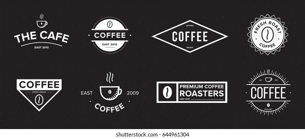 Set of coffee label. Different logo, badge, emblem collection on black background. Vector black and white illustrations.  