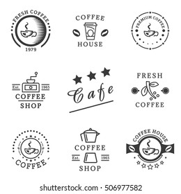 Set of Coffee labels, badges, emblems and logos, templates in vintage style for Coffee Shop, Coffee House, Cafe, Restaurant, Design Packaging. Vector illustration.