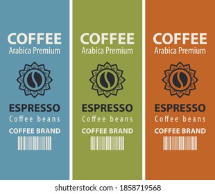 Set of coffee labels for coffee beans. Vector labels with a decorative coffee bean in flower, barcode and words Espresso, Arabica premium