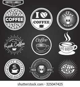 Set of coffee labels, design elements, emblems and badges. Isolated logo vector illustration in vintage style. Cafe templates collection on black background.
