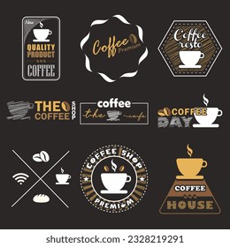 Set of coffee labels. Different logos, badges, emblems collection on brown background. Vector illustration of chocolate