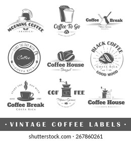 Set of coffee labels. Elements for design on the coffee theme. Collection of coffee symbols. Modern labels of coffee. Emblems and logos of coffee. Vector illustration