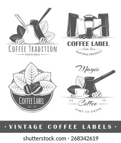 Set of coffee labels. Elements for design on the coffee theme. Collection of coffee symbols. Modern labels of coffee. Emblems and logos of coffee. Vector illustration