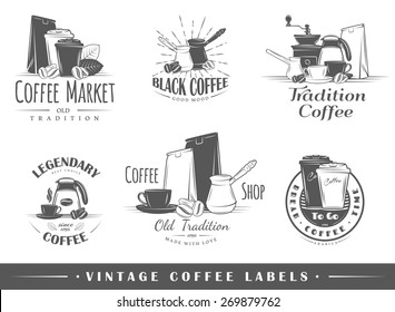 Set of coffee labels. Elements for design on the coffee theme. Collection of coffee symbols. Modern labels of coffee. Emblems and logos of coffee. Vector illustration