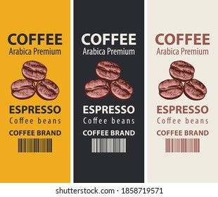 Conjunto de etiquetas de café con estilo retro. Tres etiquetas vectoriales para granos de café con granos de café, código de barras e inscripción Espresso, Arabica premium