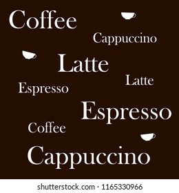 Set of coffee labels. Various names of species of coffee. Cappuccino, latte, koffee, espresso. Handwritten lettering design elements.