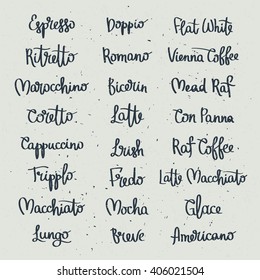 Set of coffee labels. Various names of species of coffee. Cappuccino, latte, Americano and other coffee. Fashionable calligraphy. Vector illustration on a gray background. Elements for menu design.