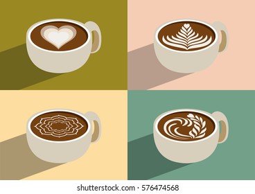 set of coffee latte art with long shadow, illustration vector