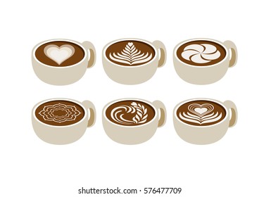 set of coffee latte art white background, illustration vector