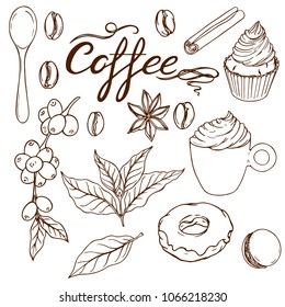 set with coffee leasing, cake cream, donut, spoon, macchiato, macaroni, coffee beans, coffee leaves, coffee berries