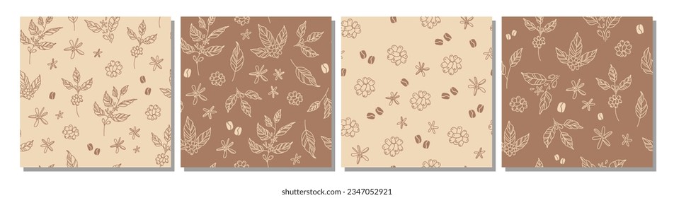 Set of coffee leaves, beans and flowers patterns. Hand drawn line art drawings of coffee branches and stems. Plant. Nature. Seamless background, banner, digital paper, wallpaper.