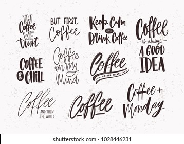 Set of coffee lettering isolated on light background. Collection of quotes and phrases handwritten with various calligraphic fonts. Bundle of written elements or inscriptions. Vector illustration.