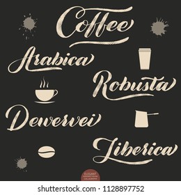 Set of Coffee lettering. Vector hand drawn calligraphy Coffee. Elegant modern calligraphy ink illustration. Typography poster on dark background. Coffee shop or restaurant promotion lettering