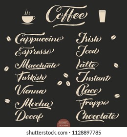 Set of Coffee lettering. Vector hand drawn calligraphy Coffee. Elegant modern calligraphy ink illustration. Typography poster on dark background. Coffee shop or restaurant promotion lettering