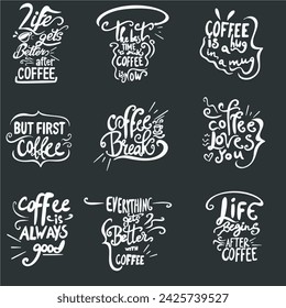 Conjunto de ilustración vectorial de letras de café, cita motivacional con tipografía para camiseta, póster, etiqueta y tarjeta