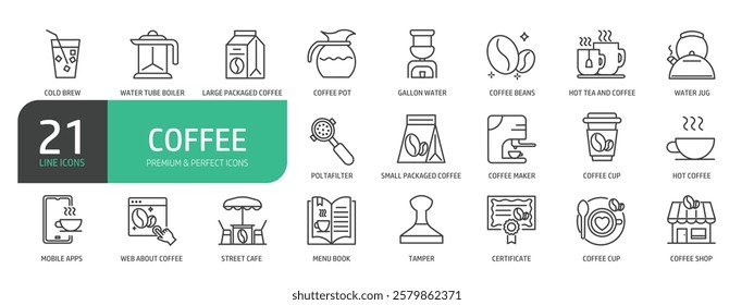 Set Of Coffee Line Icons. The set includes a  Coffee Beans, Poltafilter, Menu Book, Water Jug, Tamper, Coffee Shop, Street Cafe, Gallon Water and more.