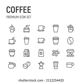 Set of coffee line icons. Premium pack of signs in trendy style. Pixel perfect objects for UI, apps and web. 