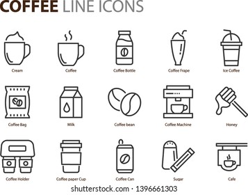 set of coffee line icons, such as ice coffee, milk, restaurant, coffee bean, bar, cafe