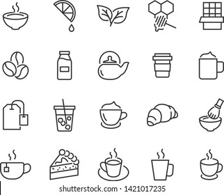 set of coffee line icons, such as tea, matcha, lemon, cocoa, milk, cream, pot, drinks