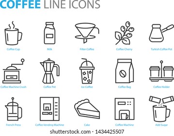 set of coffee line icons, such as tea, matcha, lemon, cocoa, milk, cream, pot, drinks