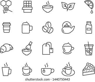 set of coffee line icons, such as tea, matcha, lemon, cocoa, milk, cream, pot, drinks