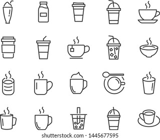 set of coffee line icons, such as tea, matcha, lemon, cocoa, milk, cream, pot, drinks