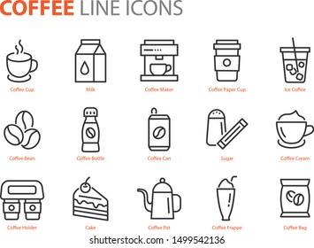 set of coffee line icons, such as tea, matcha, lemon, cocoa, milk, cream, pot, drinks