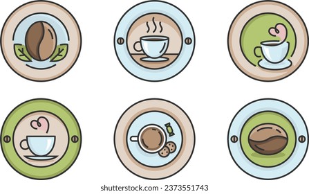 Set of coffee logo color design for coffeeshop or cafe. Espresso or cappuccino vector sign. Creative logotype, trendy line icon, bean symbol.