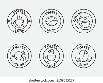 Set of coffee logo design for coffeeshop or cafe. Espresso or cappuccino vector sign. Creative logotype, trendy line icon, bean symbol.