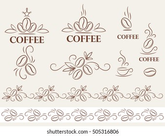 Set of coffee logo and design elements. Elegant linear coffee art and borders. 