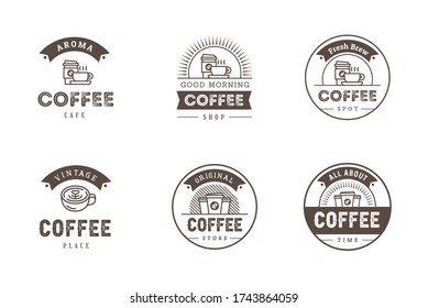 Set of Coffee Logo Emblem Badges Logotype Sign, Cafe Shop Store House, Coffee Cup, Vintage Hipster Retro Style Vector