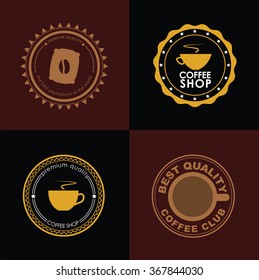Set of coffee logo on burgundy and black background for cafes, shops and restaurants. Vector illustration