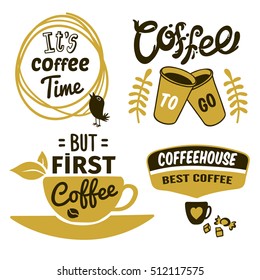 Set of coffee logos in black khaki colors with typographic quotes bird and cups isolated vector illustration
