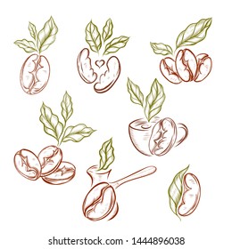 set of coffee logos, hand-drawn in sketch style. logo made of coffee beans and green leaves