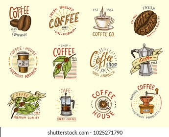 Set of coffee logos. modern vintage elements for the shop menu. Vector illustration. design decoration collection for badges. calligraphy style for frames, labels. engraved hand drawn in old sketch.