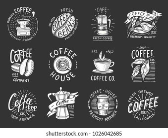 Set of coffee logos. modern vintage elements for the shop menu. Vector illustration. design decoration collection for badges. calligraphy style for frames, labels. engraved hand drawn in old sketch.