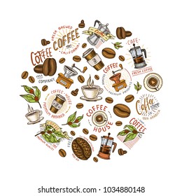 Set of coffee logos. modern vintage elements for the shop menu. Vector illustration. design decoration collection for badges. calligraphy style for frames, labels. engraved hand drawn in old sketch.