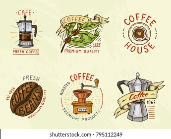 Set of coffee logos. modern vintage elements for the shop menu. Vector illustration. design decoration collection for badges. calligraphy style for frames, labels. engraved hand drawn in old sketch.