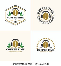 set of coffee logos vector illustrasion, can be used for cafe, t-shirt, mug. Simple logos use the symbol of coffee beans and ear phones, which look elegant and modern