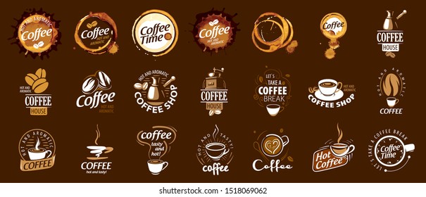 Set of coffee logos. Vector illustration on brown background