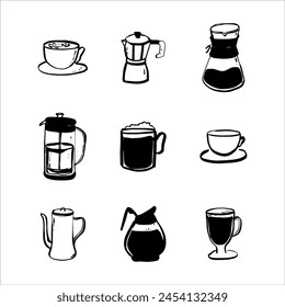 Set para los amantes del café. Elementos de café aislados. Prensa francesa, taza, taza, hervidor. Colección de iconos para el menú, cafetería. Ilustración vectorial moderna dibujada a mano