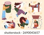 Set of coffee lovers. Vector hot drink takeaway sign. Coffeeshop or bistro, cafe or energy beverage store poster. Morning daily caffeine. Mocha and cappuccino sign. Latte mug cartoon icon. Barista.