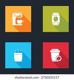 Set Máquina de café, bolso de granos de café, taza y para ir icono. Vector