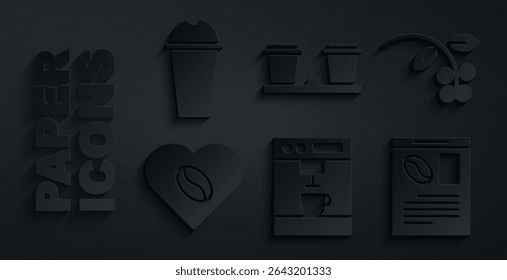Set Coffee machine, bean, branch, Lovers, Newspaper and coffee, cup to go and Milkshake icon. Vector