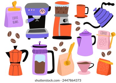 Set of coffee machine, coffee bean packaging, french press, moka pot, cup, kettle icons. Icon collection for menu, coffee shop. Hand drawn modern Vector illustration