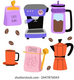 Set of coffee machine, coffee bean packaging, french press, moka pot, cup, kettle icons. Icon collection for menu, coffee shop. Hand drawn modern Vector illustration